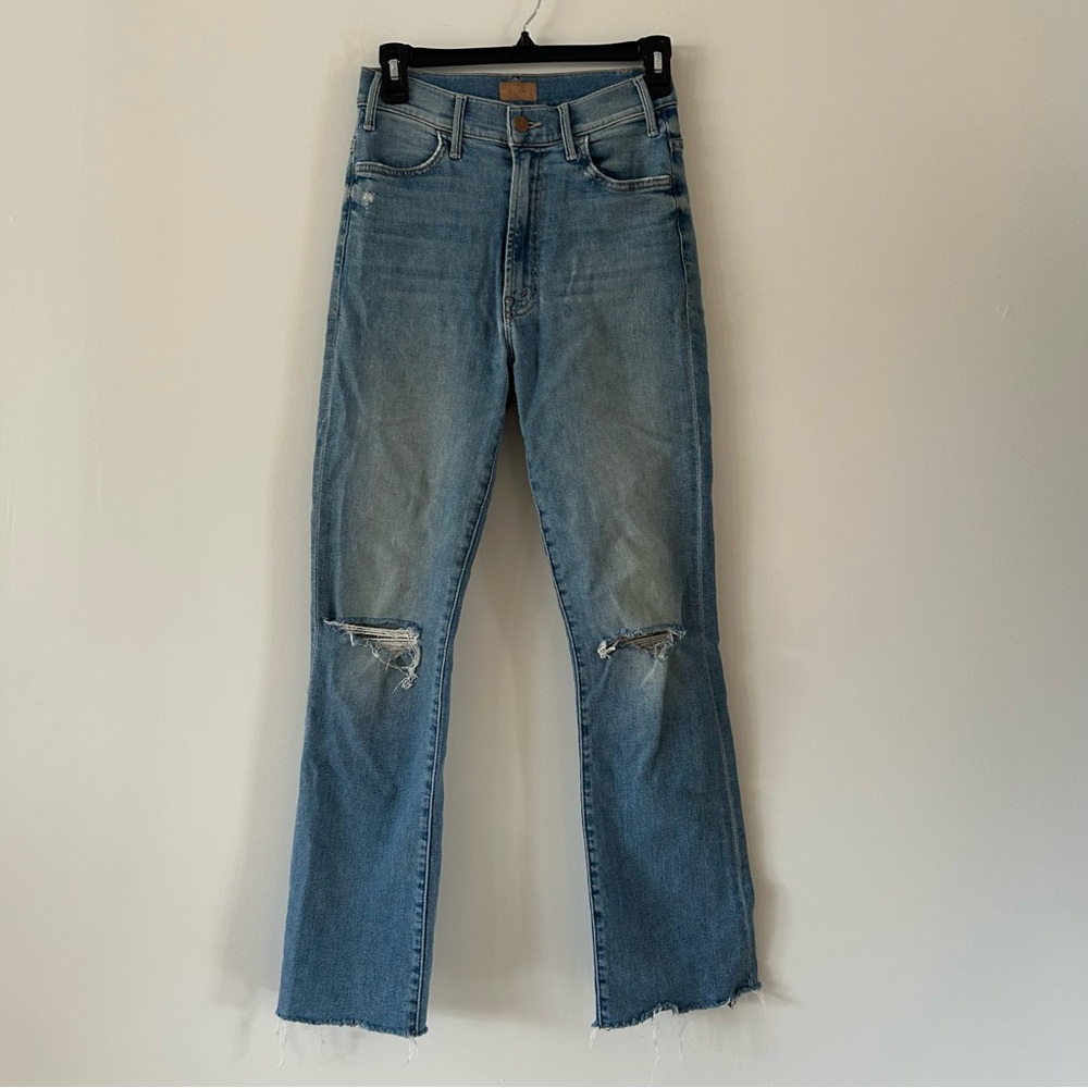 MOTHER Denim The Hustler Distressed Raw Hem Ankle Jeans Thrilling Shots Size 26